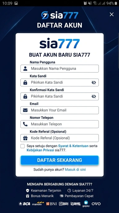 Tampilan halaman daftar sia777